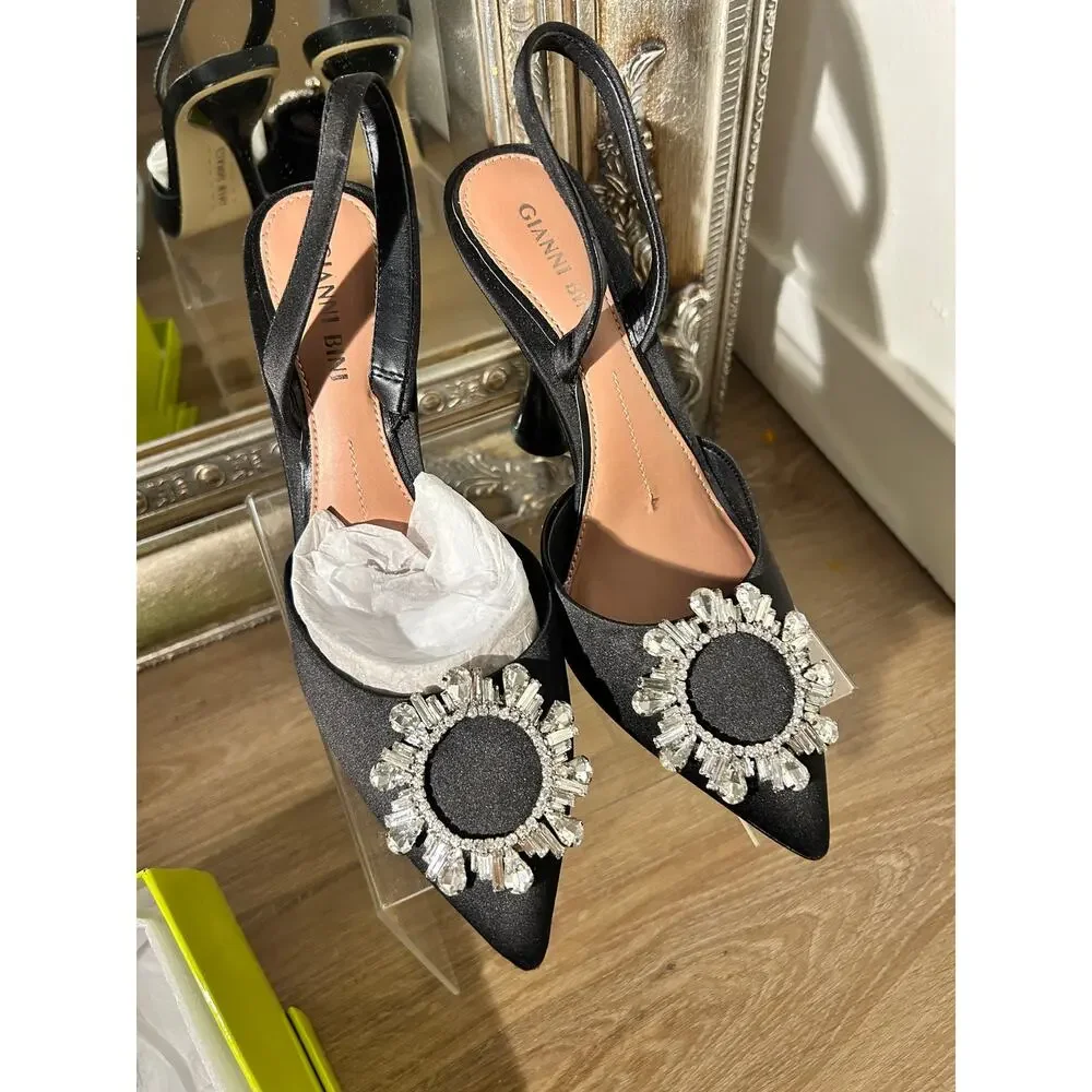 Black Satin Crystal Embellished Slingback Heels by Gianni Bini Size 7 $135